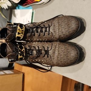 MICHAEL Michael Kors Dark Brown Combat Boots with Gold Accents